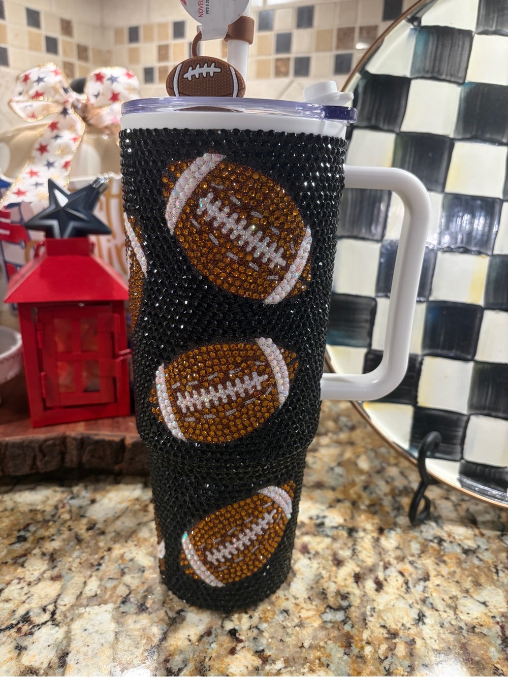 Rhinestone Football Travel Tumbler - Black & Brown 40 oz. 🏈🏈🏈🏈🏈